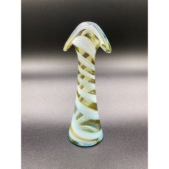 Blue Yellow and Clear Striped Art Glass Calla Lily Swirl Vase - 6.50 Tall - Picture 2 of 9